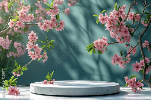 podium with spring background, mockup display stand for product presentation, hyper detailed, photorealistic, 16K, ultra realistic, no watermark - generative ai © Nia™