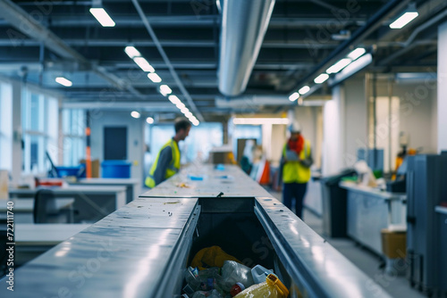 vibrant photo capturing a garbage chute in a bustling office environment, surrounded by employees engaged in sustainable waste disposal practices, highlighting workplace responsibi photo