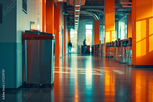 vibrant photo capturing a garbage chute in a bustling office environment, surrounded by employees engaged in sustainable waste disposal practices, highlighting workplace responsibi