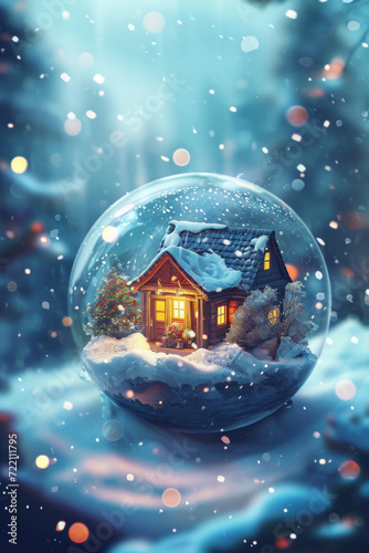 A house inside of a clear glass ball in a snowfall.