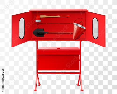 A closed-type fire-fighting equipment stand of red color with doors on the front side and a tilting sand box. The kit includes: a crowbar, fire axe, salvage hook, fire shovel, cone bucket. Realistic