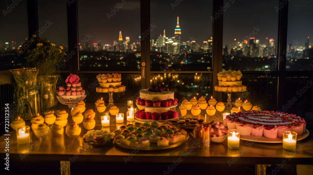 Elegant Rooftop Celebration: A Night of Candlelight and City Views AI-Generative