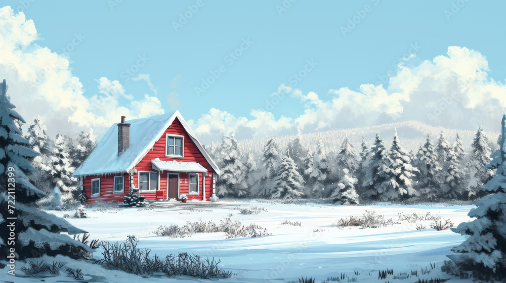 Winter cottage scene with some trees.