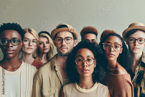 diverse group of people wearing stylish eyeglasses after completing a successful vision test, promoting the positive impact of clear vision on personal style, minimalistic photo
