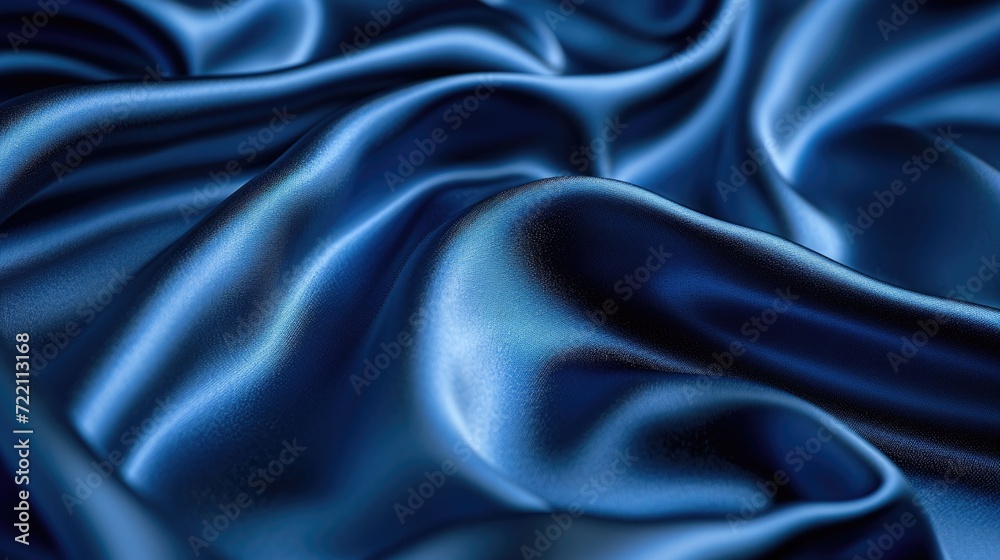 Obraz premium A detailed view of a Blue color satin fabric, capturing its shiny, smooth surface and deep blue color, filling the entire screen with its elegant, flowing texture