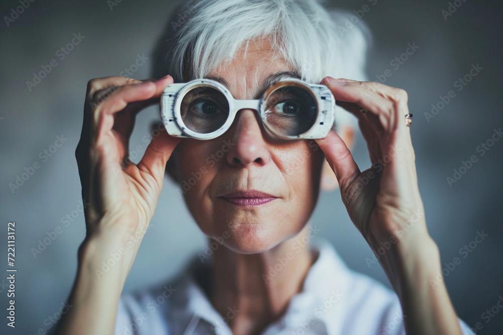 senior individual confidently completing a vision test, promoting the idea that eye care is essential at every age, minimalistic photo senior individual confidently completing a vision test, promoting the idea that eye care is essential at every age, minimalistic photo