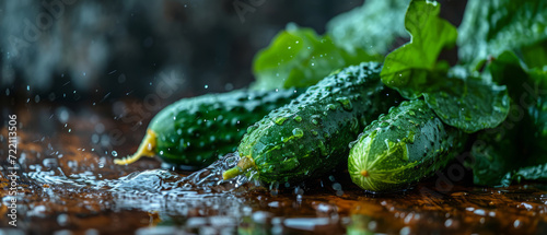 water splashing cucumbers on dark background