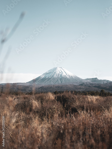 Mt Ruapehu on a calm and sunny day taken far in the bushes photo