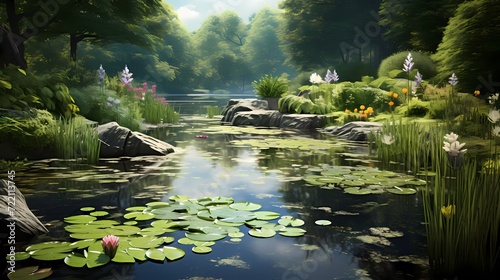 Tranquil pond surrounded by tall grass and water lilies  creating a serene water garden