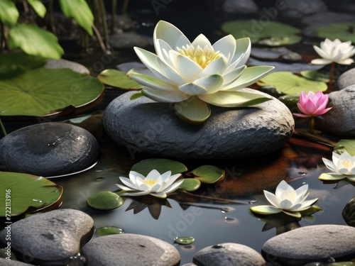 Serenity Spa Escape  Aromatherapy Bliss with Massage Pebbles black Tranquil Stone Stacks and  Orchid Flowers 