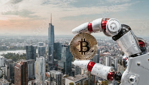 Robotic hand holding bitcoin in his hand in front of the blurred metropol city, selective focus and empty space tp text