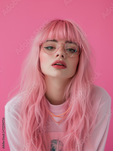Linda mulher de cabelo cor de rosa usando óculos isolada em um fundo pastel