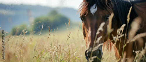 Chestnut Horse in the Early Morning Meadow