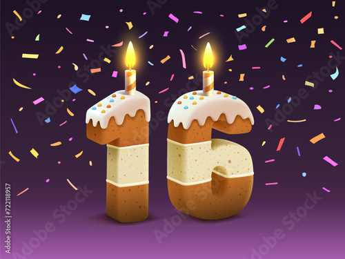 Happy Birthday, person birthday anniversary, Candle with cake in the form of numbers 16. Vector illustration