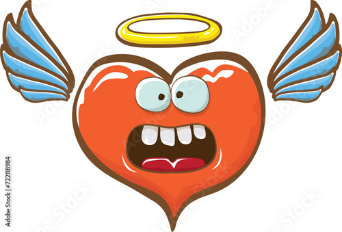 Cartoon bintage groovy heart character with wings and holy angel golden nimbus isolated on white background. Conceptual valentines day comic funky heart sticker and label vintage cartoon comic style