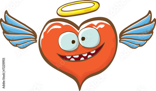 Cartoon bintage groovy heart character with wings and holy angel golden nimbus isolated on white background. Conceptual valentines day comic funky heart sticker and label vintage cartoon comic style