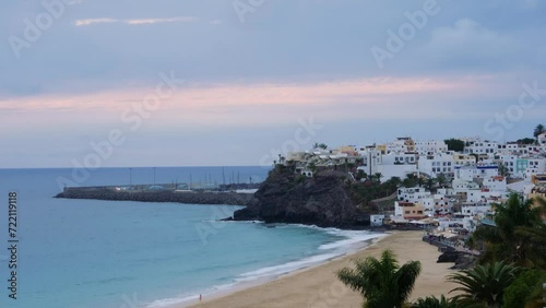 View of Morro Jable, Fuerteventura, Spain in the evening. Time lapse photo