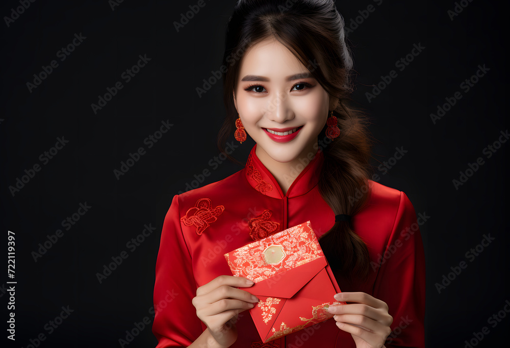 A smiling Chinese woman in a traditional red dress holding a red envelope isolated on a black background, celebrating Chinese New Year. A smiling Chinese woman in a traditional red dress holding a red envelope isolated on a black background, celebrating Chinese New Year.