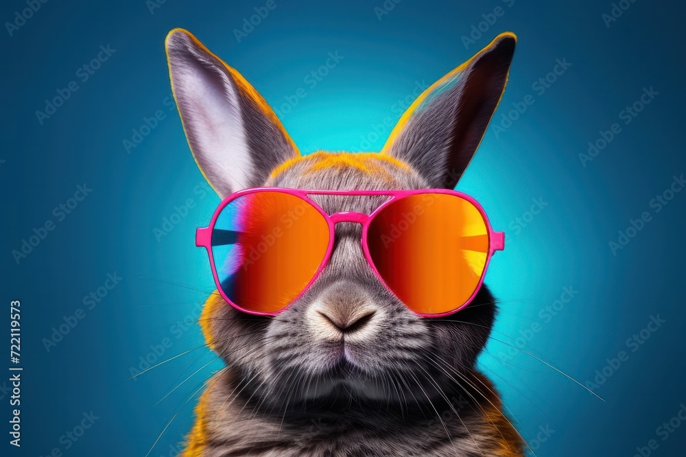 Rabbit with sunglasses as cool easter bunny concept illustration close up on blue background. Pink orange retro 80s style sunglasses. Easter greeting card concept