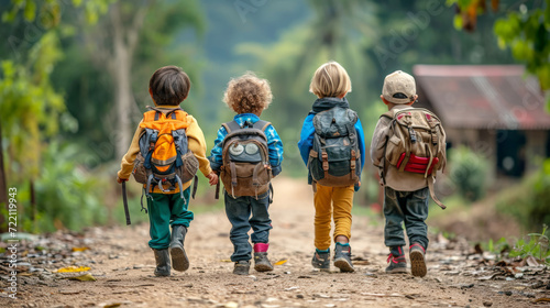 Back to school concept, Group of adorable elementary students walking on countryside street together friend relationship, cheerful colorful casual kids with backpacks, children enjoy go to school