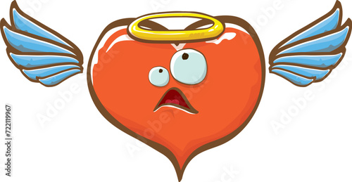 Cartoon bintage groovy heart character with wings and holy angel golden nimbus isolated on white background. Conceptual valentines day comic funky heart sticker and label vintage cartoon comic style