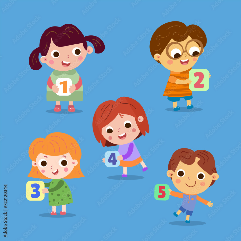 Children with numbers from 1 to 5. Cartoon flat style characters for design. Vector isolated illustrations, full color. Math for kids.
