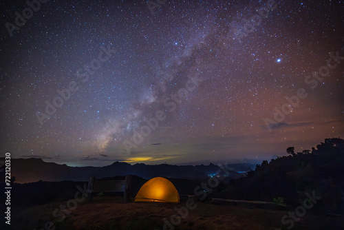 The Milky Way and tourist orange tent  in Mae Moei national park, Tak province, Thailand.