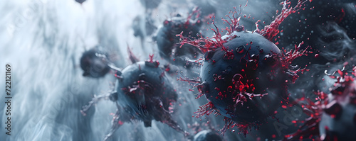 Abstract 3d banner of floating grey bacteria, microbes, virus cells on blurred background with copy space. Close up render of covid, flu, infection disease. Сoncept for hospitals, clinics, medicine. photo