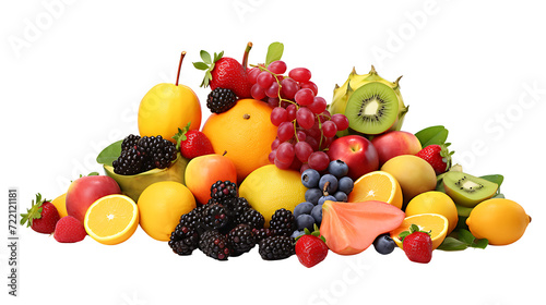 Different types of fresh organic fruits stack on a transparent background