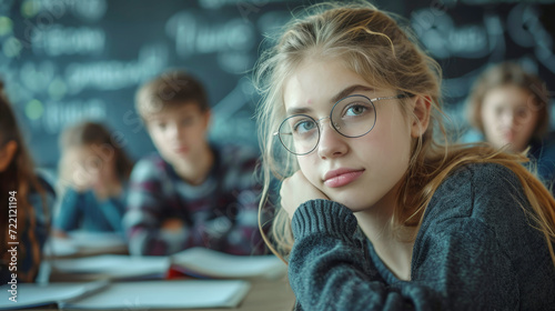Back to school, portrait of a teenage student girl smiling looking camera sitting on desk in cozy classroom full of students friends backgrounds, young secondary students learning lifestyle education
