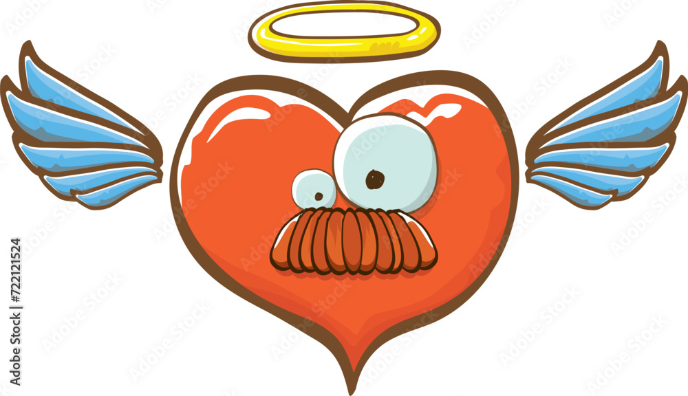 Naklejka premium Cartoon bintage groovy heart character with wings and holy angel golden nimbus isolated on white background. Conceptual valentines day comic funky heart sticker and label vintage cartoon comic style