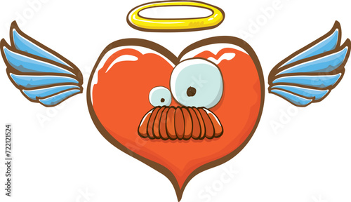 Cartoon bintage groovy heart character with wings and holy angel golden nimbus isolated on white background. Conceptual valentines day comic funky heart sticker and label vintage cartoon comic style
