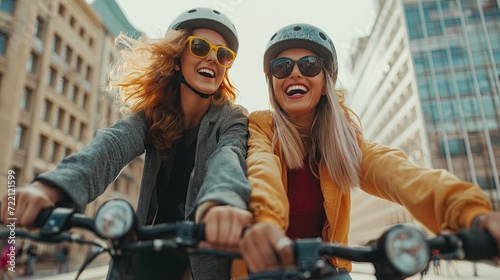 Two joyful women on electric scooters photo