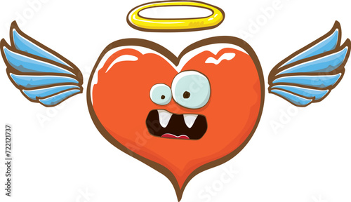 Cartoon bintage groovy heart character with wings and holy angel golden nimbus isolated on white background. Conceptual valentines day comic funky heart sticker and label vintage cartoon comic style