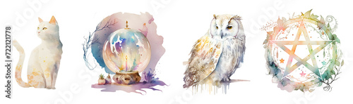 Magical items and pets of a good wizard or a bright witch: white owl, pentagram, cat, crystal magic ball. photo