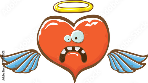 Cartoon bintage groovy heart character with wings and holy angel golden nimbus isolated on white background. Conceptual valentines day comic funky heart sticker and label vintage cartoon comic style photo