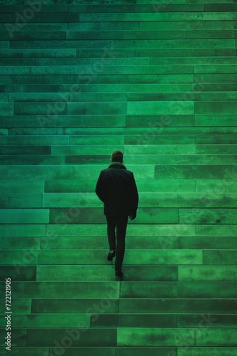 Image of a person walking up green stairs.