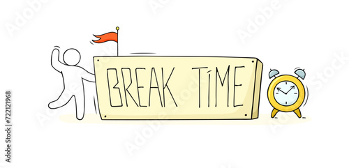 Coffee break concept with cup, clock and man