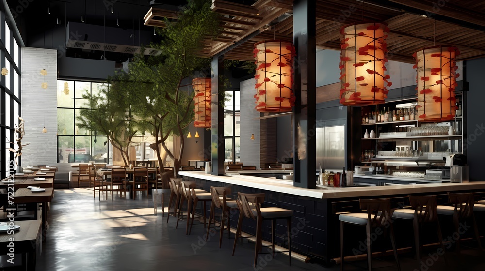 Trendy noodle bar with modern Asian aesthetics, communal seating, and an open kitchen concept