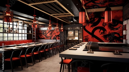 Trendy noodle bar with modern Asian aesthetics, communal seating, and an open kitchen concept photo