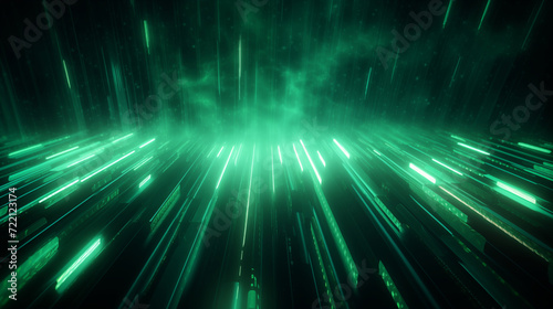 Abstract 3D background of green neon lines sliding down. Modern wallpaper.