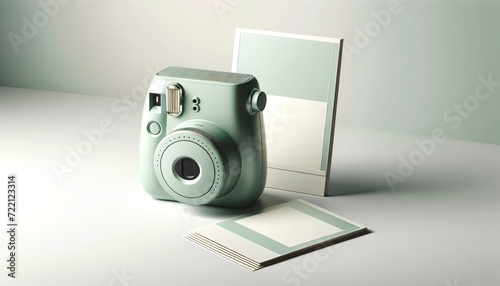 Artistic Instant Camera with Polaroid, Portrait Orientation, Pastel Backdrop, Minimalist Setup