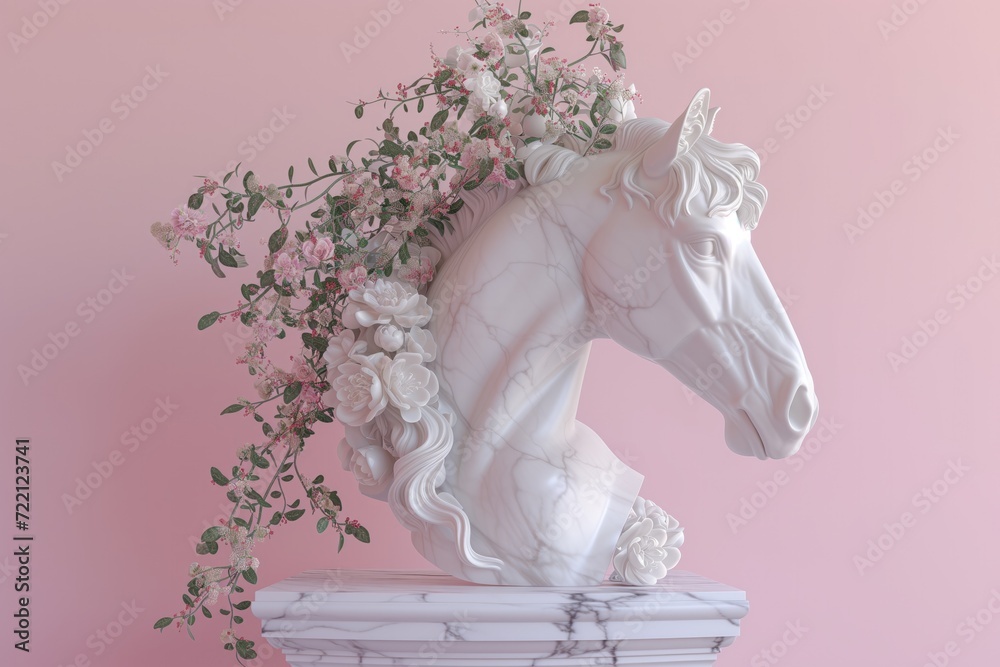 marble stone horses head plinth statue with flowers, on pastel background