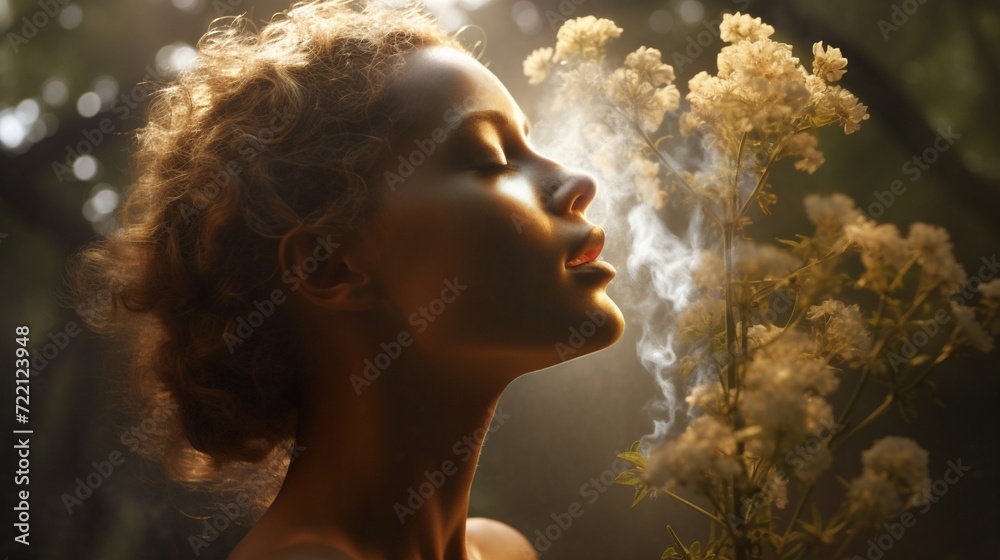 Beautiful young woman with smoke in the forest. Beauty, fashion.