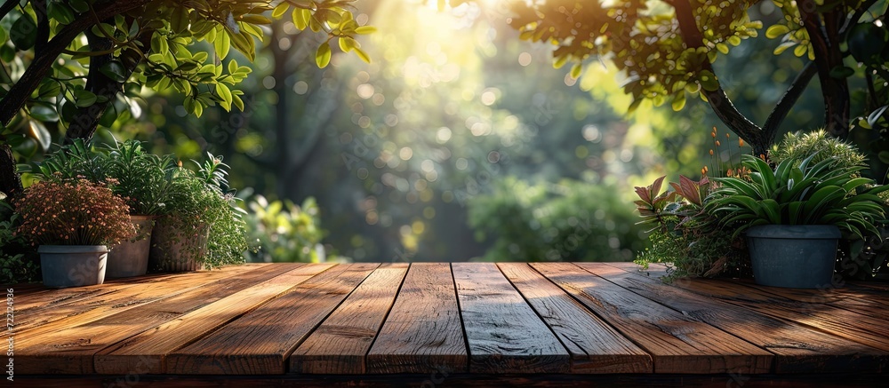 Table In Nature Summer embrace wooden table amidst nature serene layout. Morning light ...