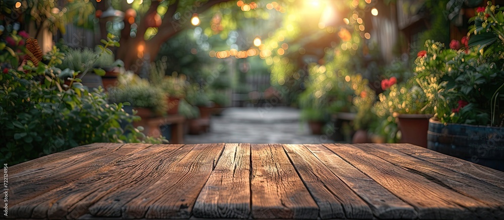 Summer embrace wooden table amidst nature serene layout. Morning light on planks greenery blur is no doubt. Rustic surface window to gardens tranquil scout
