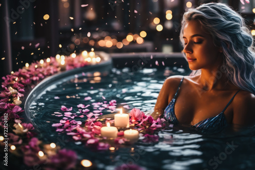 A woman in a candlelit spa enjoys a relaxing evening bath in petals. A tranquil spa setting with flickering candles, a bath of scattered rose petals and a serene, soothing atmosphere. photo