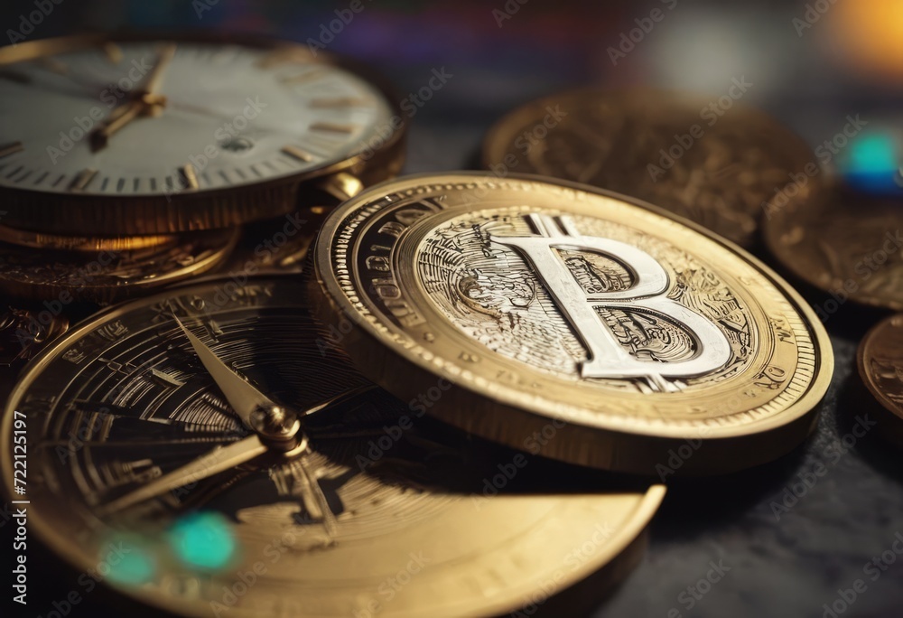 clock and stacks of coins : time - money clock and stacks of coins : time - money