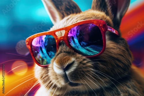 Rabbit with sunglasses as cool easter bunny concept illustration close up. retro 80s style sunglasses. Easter greeting card concept