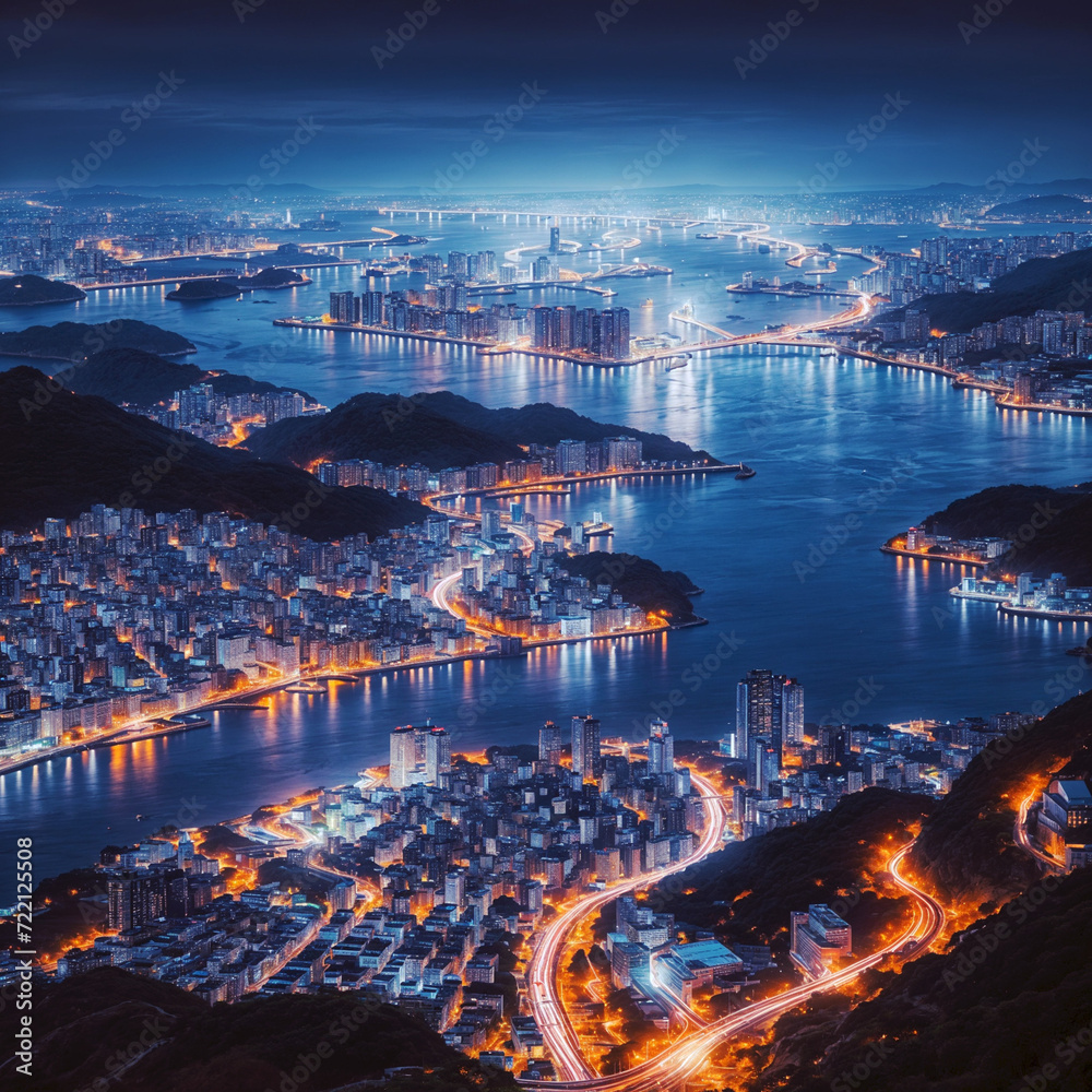 Obraz premium a view of a city at night from the top of a hill, a stock photo , featured on shutterstock, art photography, stockphoto, stock photo, nightscape